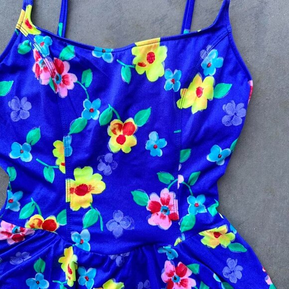 80s neon one piece swimsuit with bright blue and yellow floral pattern - Picture 3 of 8